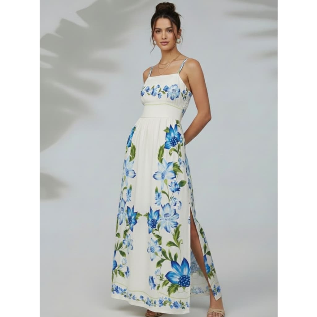 Vestido Longo Estampado De Alcinha Com Fenda Decote Poliéster Verão Casual Floral Confortável