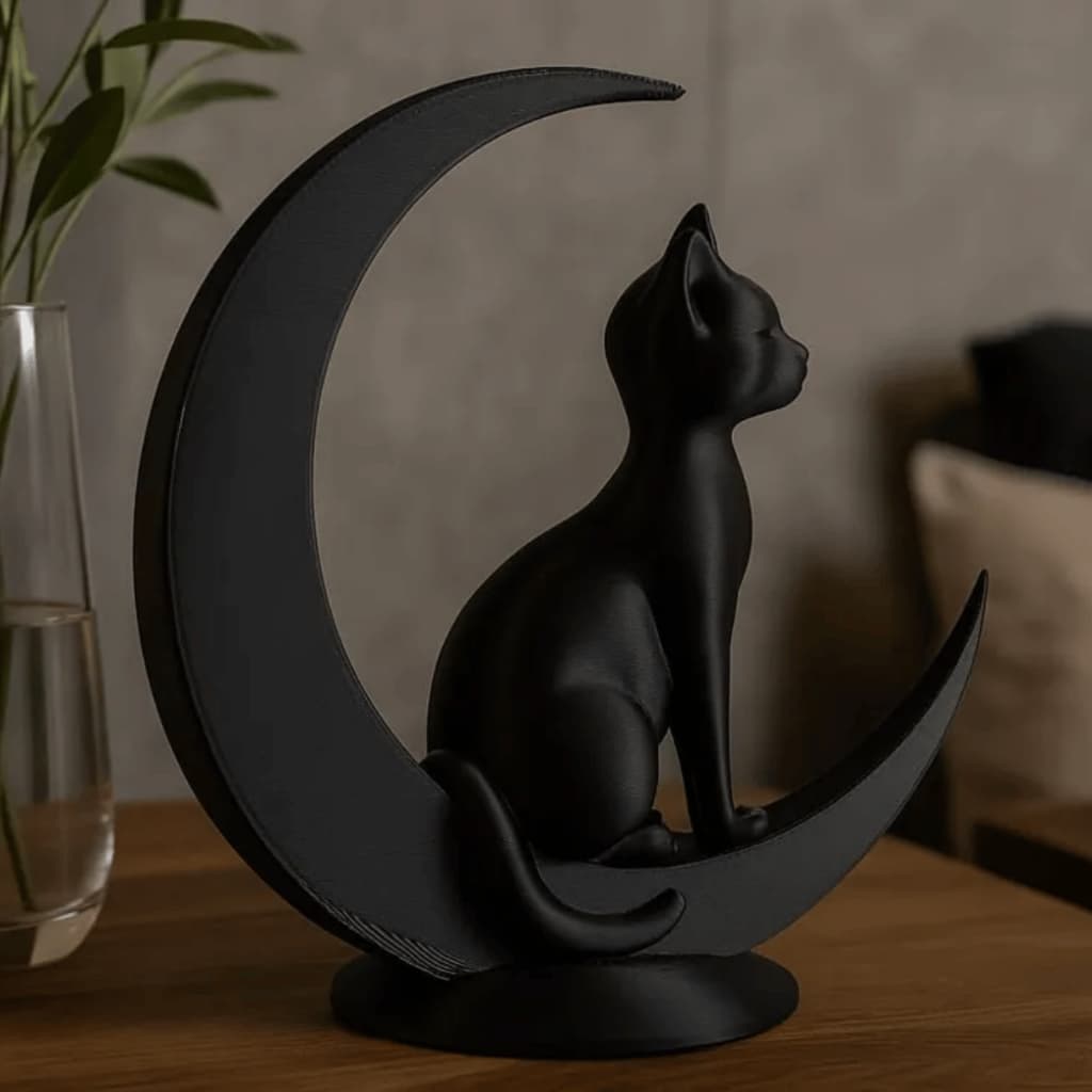 Escultura Gato na Lua Decorativa Impressa em 3D – Decoração Moderna e Elegante