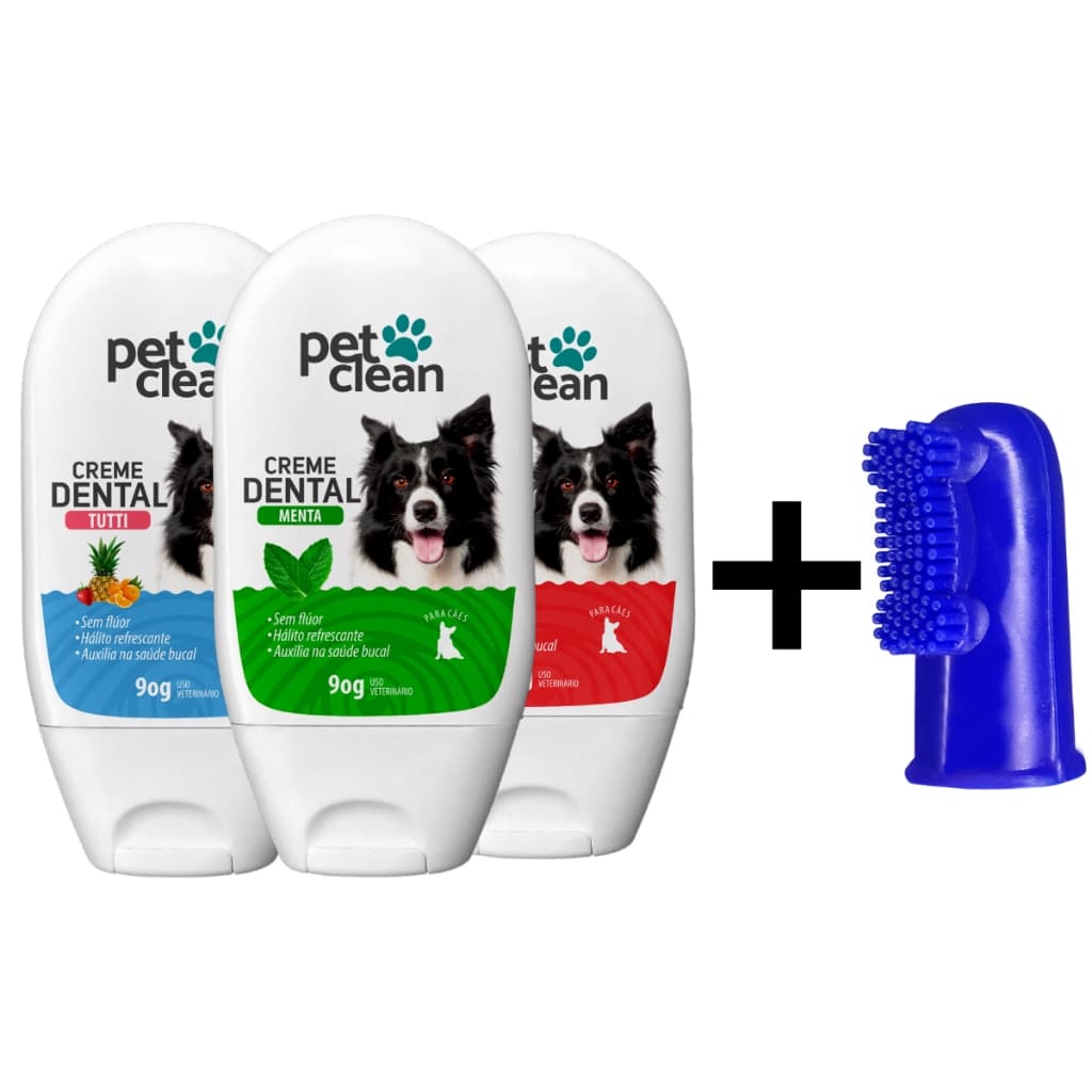 Kit Creme Dental Pet Clean 90g + Dedeira Escova de Dente para Cães e Gatos