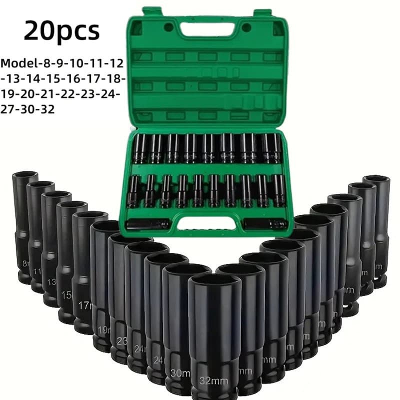 20 Peças Jogo de Soquetes de Impacto Longo 1/2 - 8 A 32mm