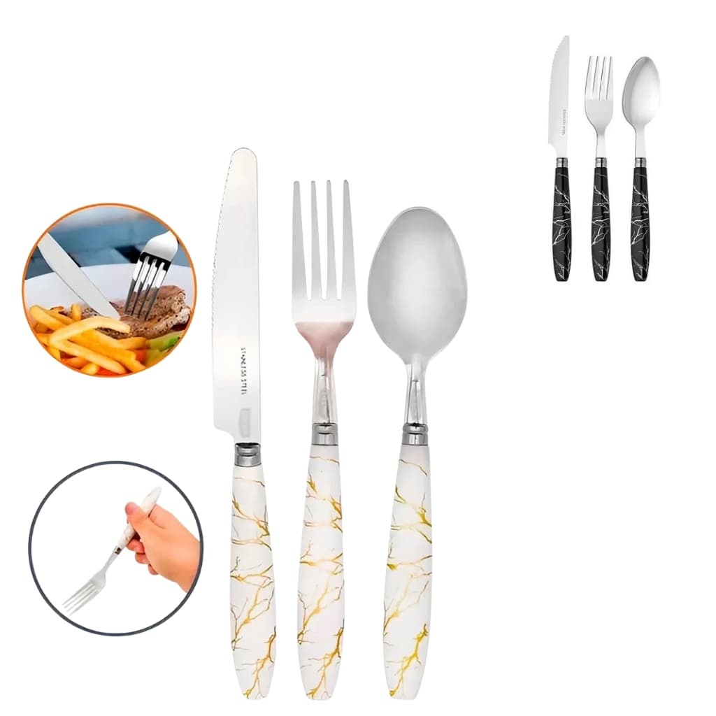 Jogo de Talheres com Estojo Inox Marmorizado 4 Pçs Garfo Faca Colher Cabo de Plástico Marmita Lancheira Viagem