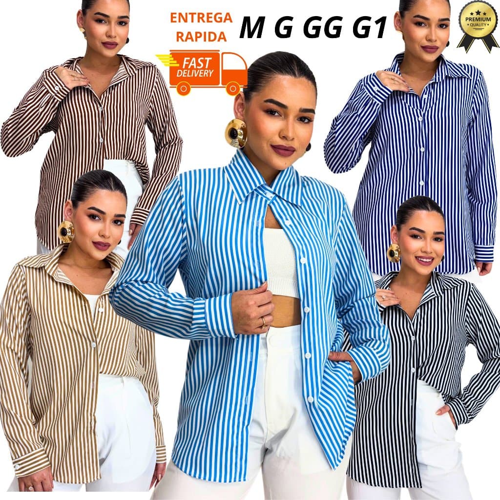 Camisa Feminina Listrada Plus Size Social Manga Manga Longa Crepinho M G GG G1