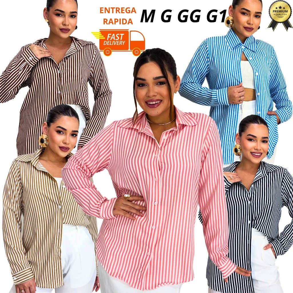 camisa listrada feminina plus size manga longa crepinho confortável