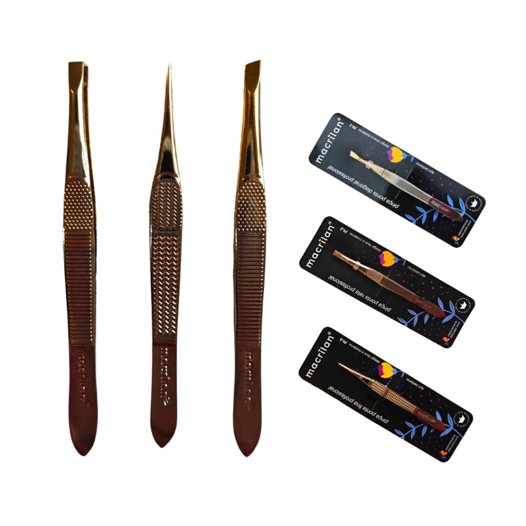 Kit 3 Pinças Macrilan Profissional Reta Fina Chanfrada Sobrancelhas