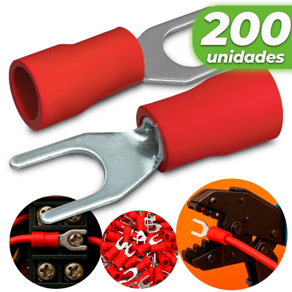 Kit 200 Terminal Forquilha Garfo Pré-isolado Conector Eletrico p/ Cabos e Fios 0,5 A 1,5mm Vermelho