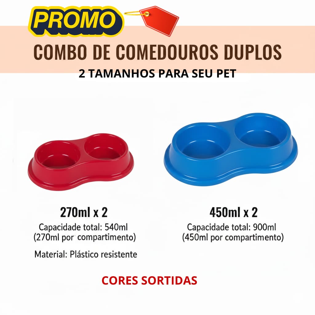 Combo Comedouros Duplos/Tigelas para Cães e Gatos 270ml e 450ml - Cores Sortidas