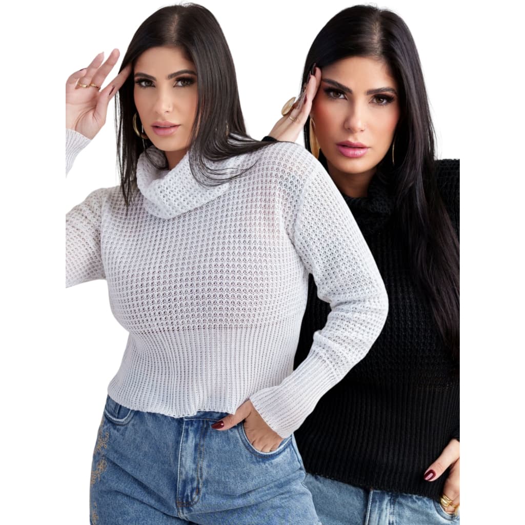 Kit 2 Blusa Tricot Modal Feminina Moda Outono Inverno Gola Alta Manga Comprida