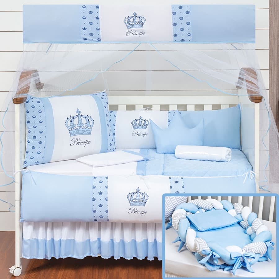 Kit Berço com Ninho Coroa 2 Laterais Azul Bebê 11Pcs