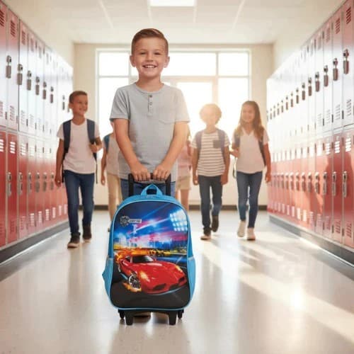🏁 Mochila Infantil Escolar Carros com Rodinhas Resistente e Espaçosa
