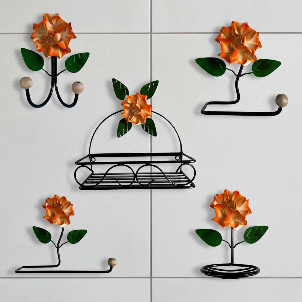 Kit Lavabo 5 Peças Ferro e Madeira Flores Rústico Jogo Acessórios Banheiro Organizador Resistente