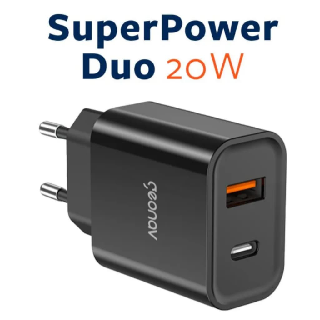 Carregador Rápido 20W Geonav PD Duo – Tipo C + USB A, Preto