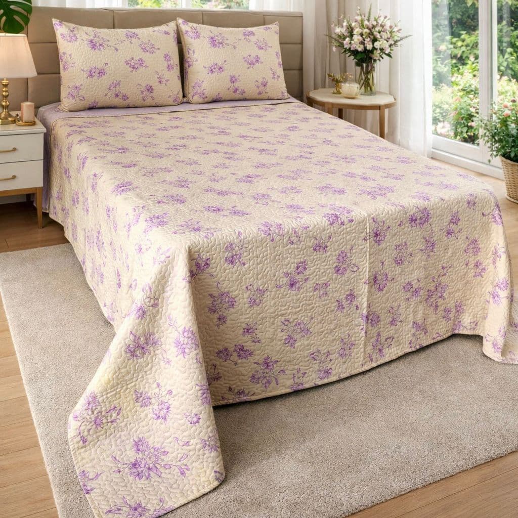 Kit Cobre Leito Colcha Box Bouti 3 Peças Estampada 2 Porta Travesseiro Aba Americana