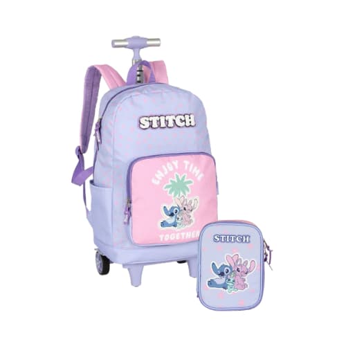 Kit Mochila Rodinha Stitch Angel Disney Lancheira Térmica Estojo Box Infantil Escolar
