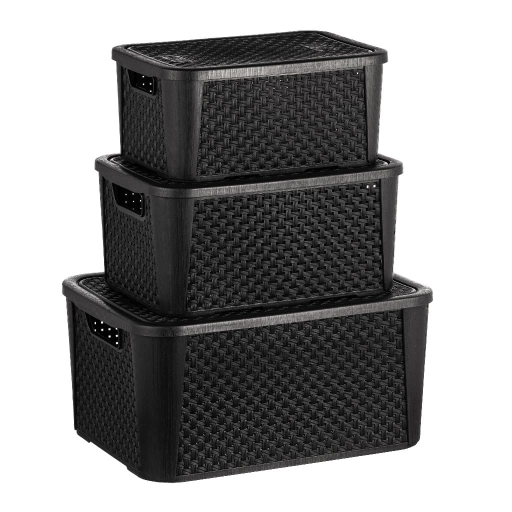 Kit 3 Caixas Organizadoras Rattan Pequena Média Grande Decorativas Multiuso com Tampa