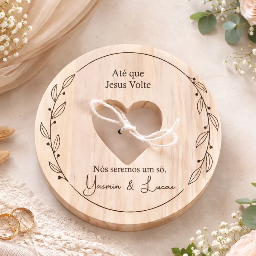 Porta Aliança Personalizado em Madeira Pinus para Casamento Cerimonia