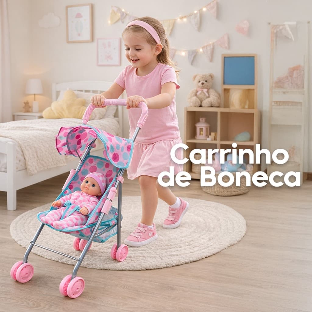 Carrinho de Boneca Infantil Dobrável com Cesto e Capota Compacto | Serve Reborn Carrinho para boneca