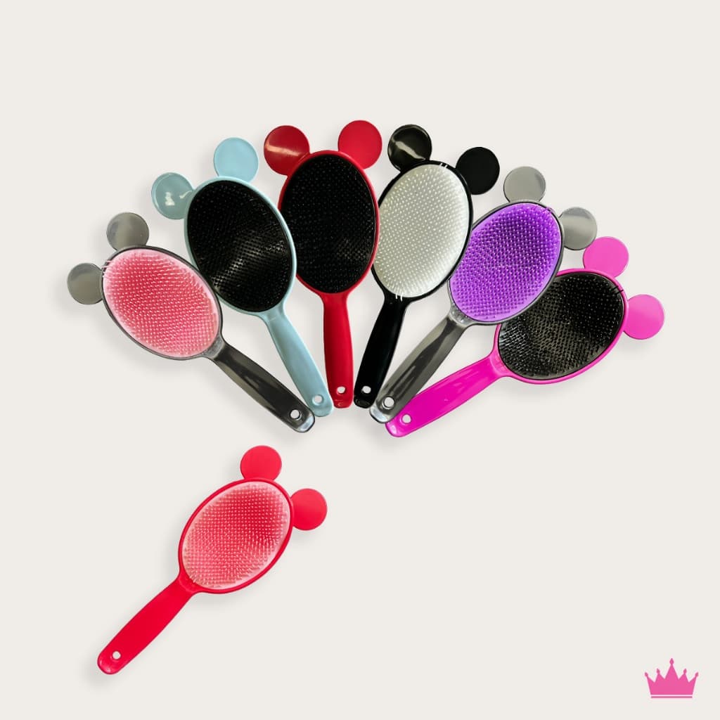 Kit de 7 Escovas Raquete Oval Flex com Orelhinhas Mickey Para Todos os Tipos de Cabelo