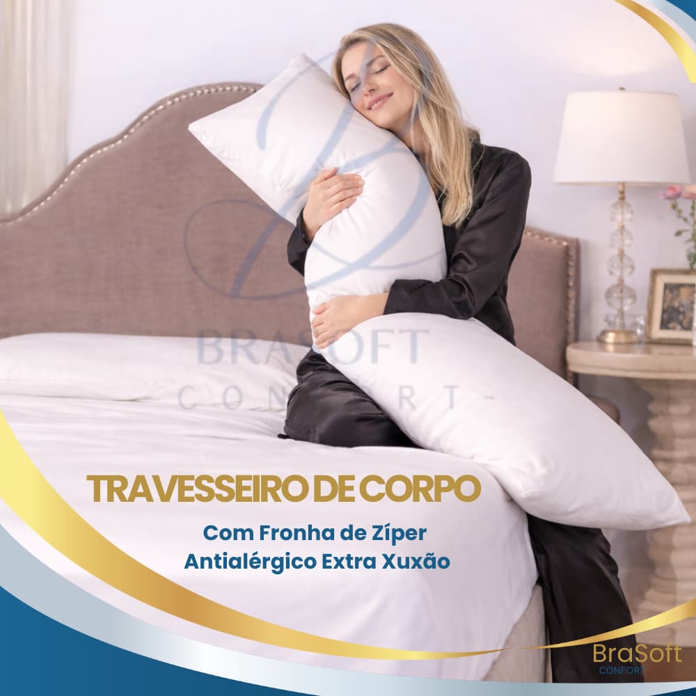 Travesseiro de Corpo Com Fronha de Zipper Antialérgico 1,30m x 40cm Extra Xuxão