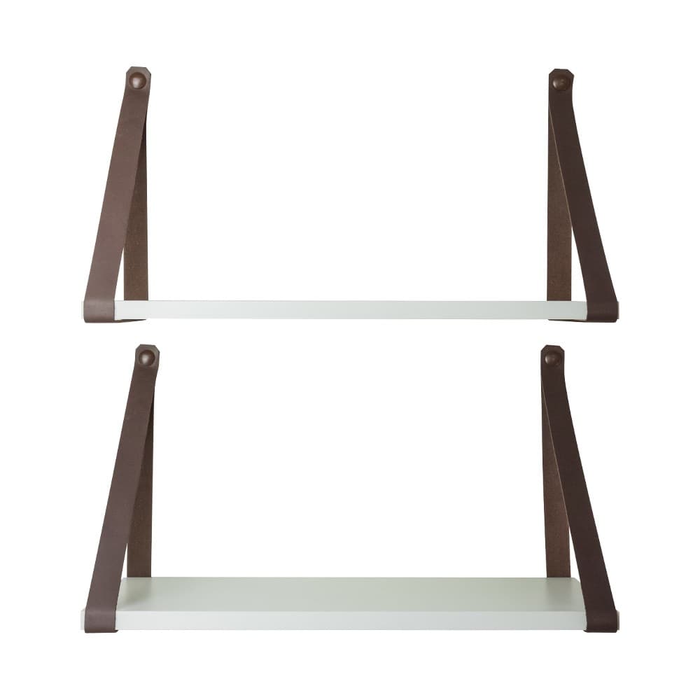 kit 2 prateleira branca decorativa para ambientes com alça de couro ecológico marrom