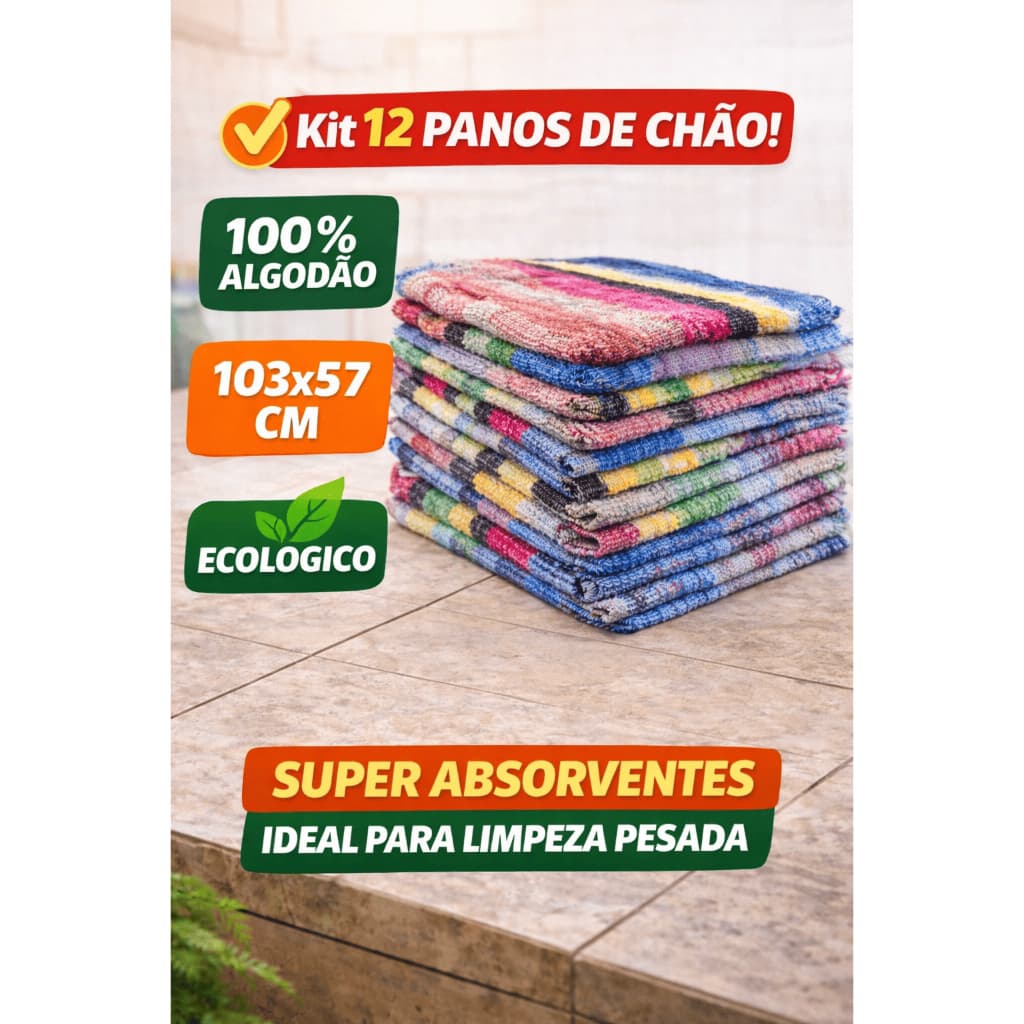 Kit 12 Panos de Chão Algodão Grande 103x57cm Super Absorvente Ecológico