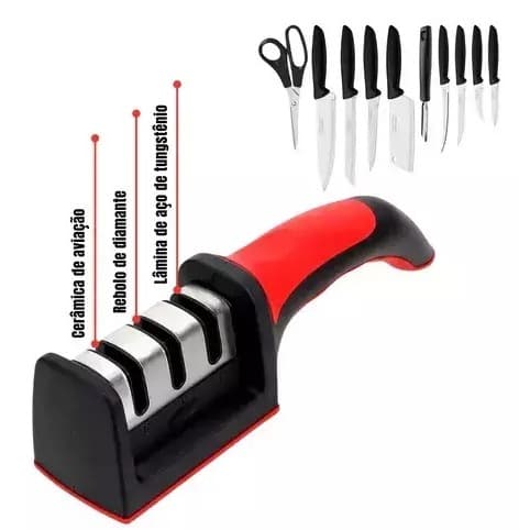 Amolador de Facas 3 em 1 Profissional Manual Aço Cabo Ergonômico Uso Diário MiniMen - MM-JJ11