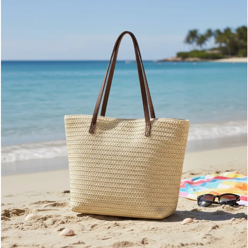 Bolsa de Palha Grande Capacidade com Alça para Ombro
