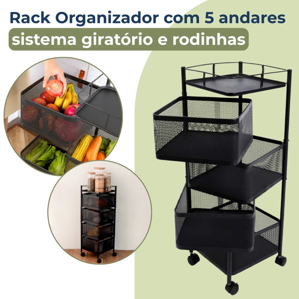 Organizador Fruteira Cesto Giratório 5 Andares Com Rodinhas Casa Cozinha