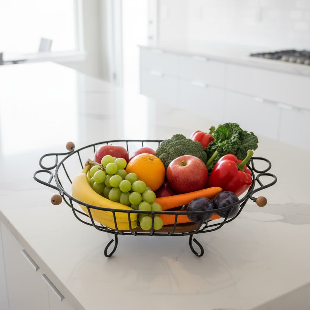 Fruteira Rústica Madeira Demolição Centro de Mesa Oval Gamela Ferro Decoração Cozinha Ilha Gourmet