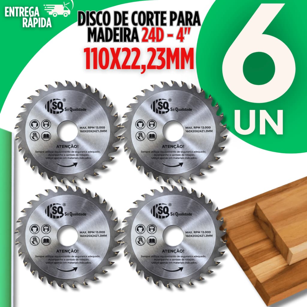 Jogo 06 Disco Corte Madeira 24 Dentes 110x22,23mm Serra Circular 4" Esmerilhadeira Profissional