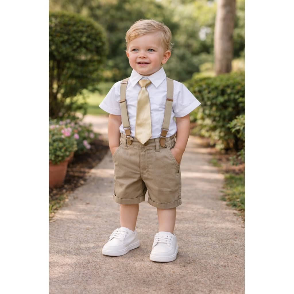 Conjunto Social Infantil Menino Camisa Branca, Shorts Bege, Suspensório E Gravata ENVIO JÁ