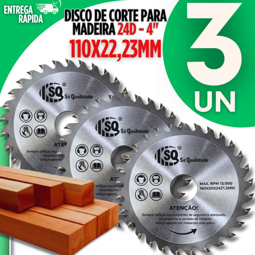 03 Disco Corte Madeira 24 Dentes 110x22,23mm Serra Circular 4" Esmerilhadeira Profissional Discos