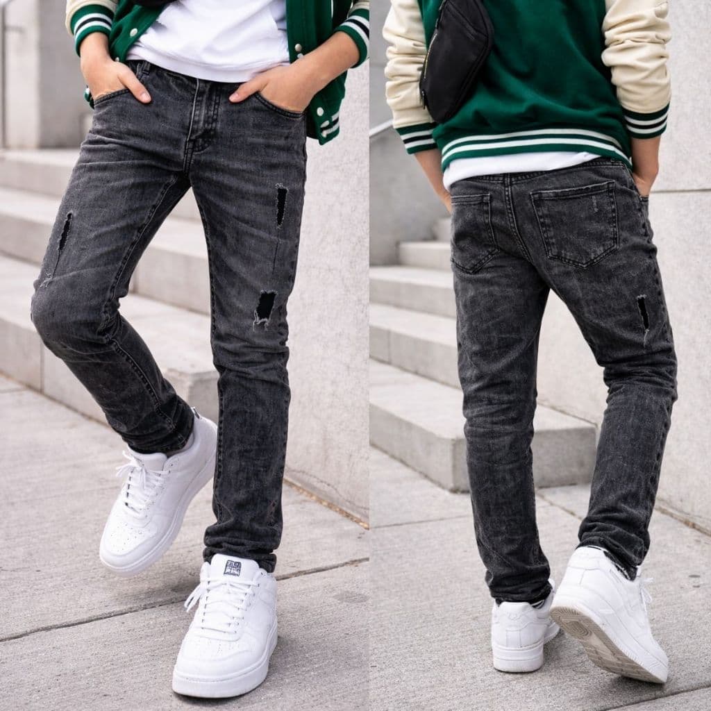 Calça Masculina Jeans Juvenil Preta Slim Detalhes Destroyed Calça Jogador Skinny Para Meninos