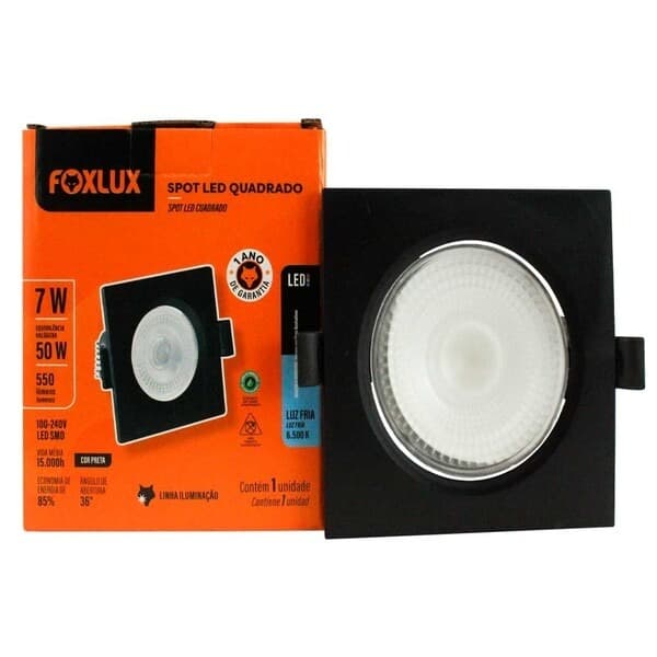 Spot Led Foxlux Quadrado 7w Bivolt 6500k Preto