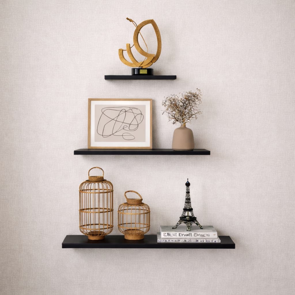 Kit 3 Prateleira Preta 100% MDF Decorativa Premium Luxo - 40/30/20 x 10cm