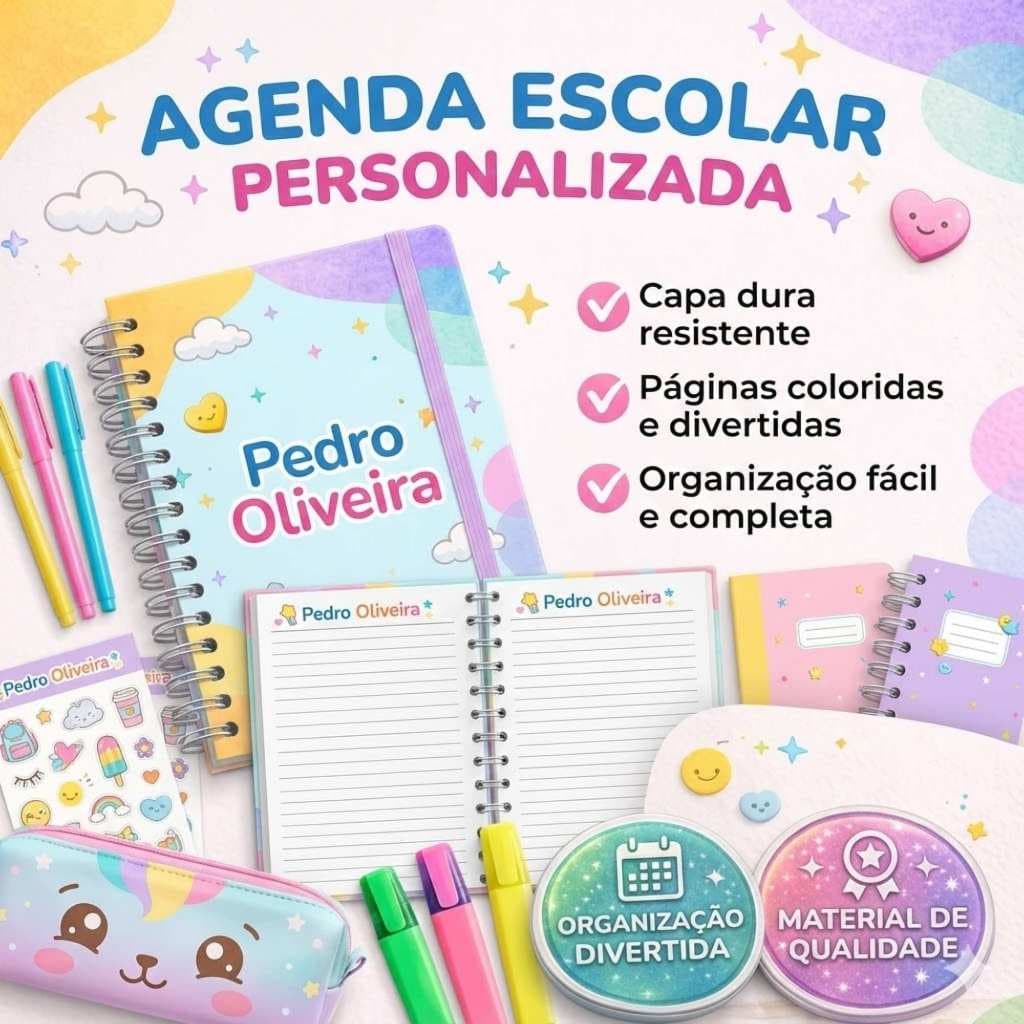 Agenda Escolar 2026 - 2 Dias por Página - Capa Dura Compacta e Leve - Planner Organização (Várias Capas)