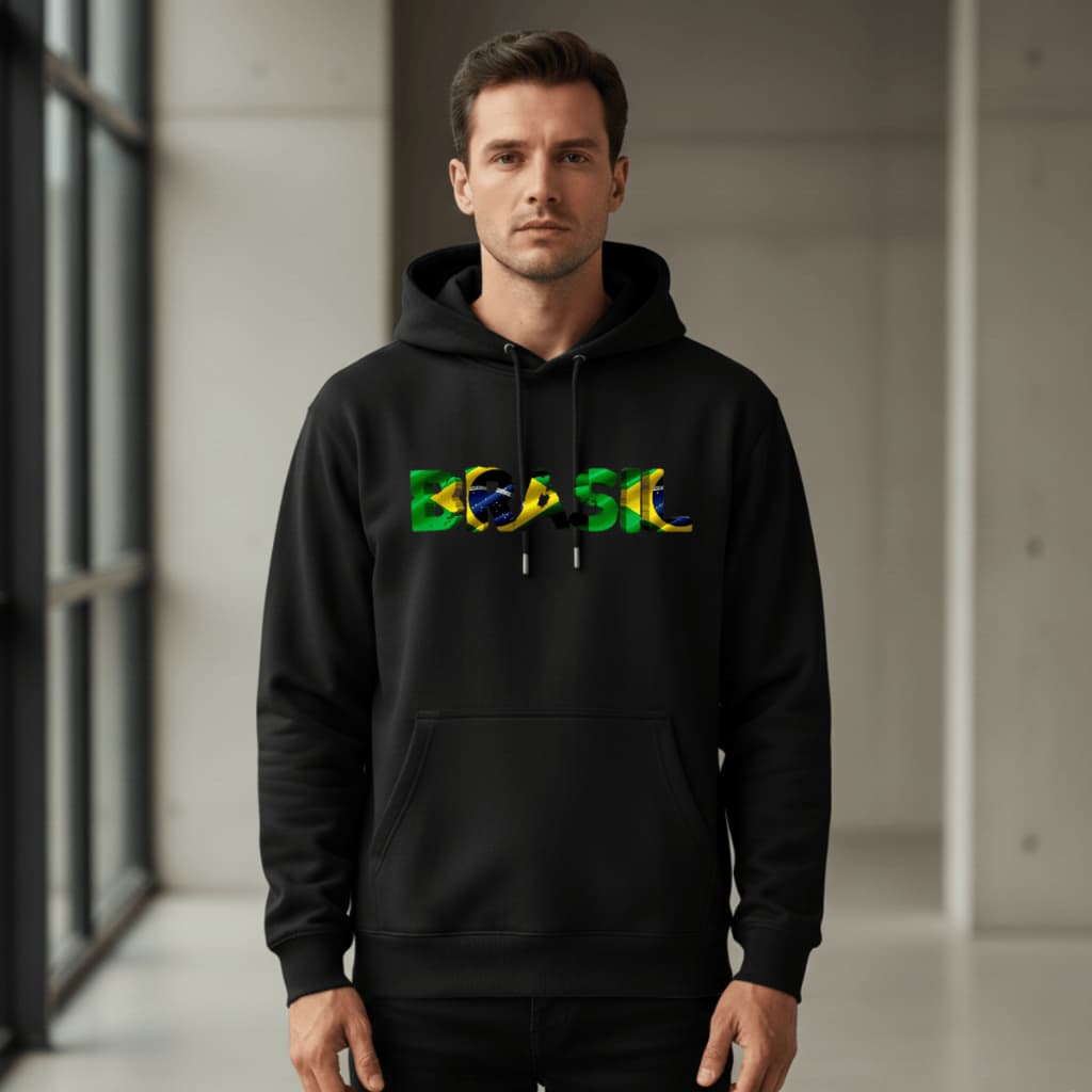 Moletom Canguru Brasil Preto Masculino Unissex Capuz Bolso Inverno Streetwear Estampa Bandeira