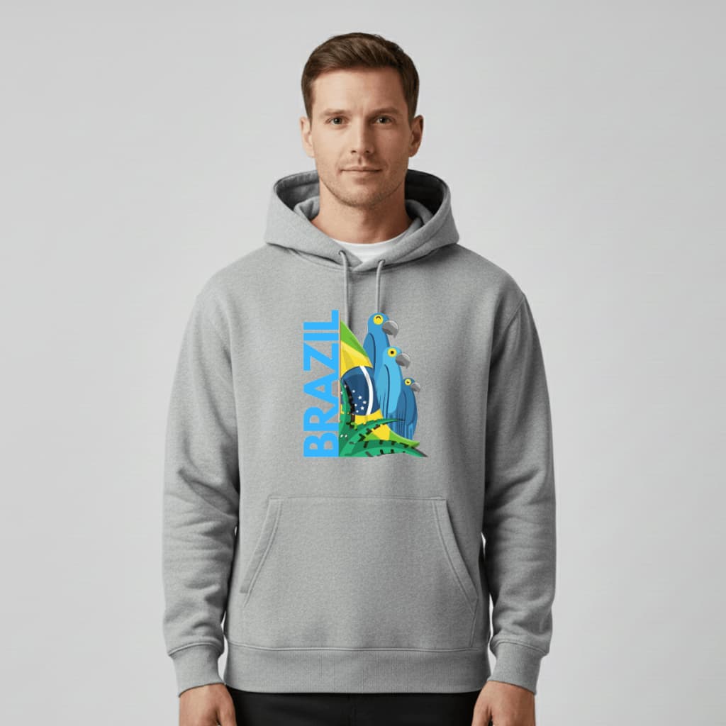 Moletom Canguru Cinza Brasil Arara Azul Estampa Bandeira Capuz Unissex Masculino Streetwear Inverno