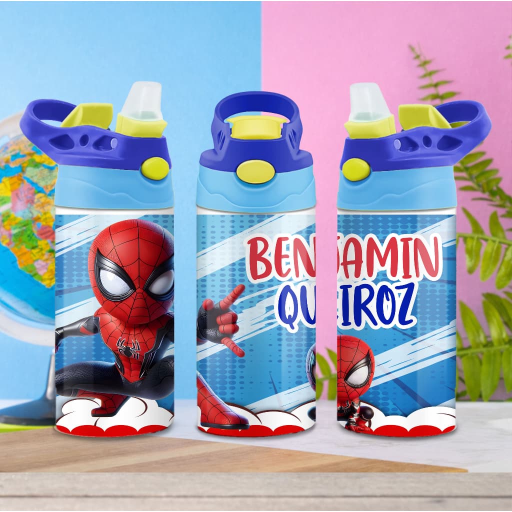 Garrafa VOLTA AS AULAS  Com Nome  Bico retrátil Infantil homem aranha heróis