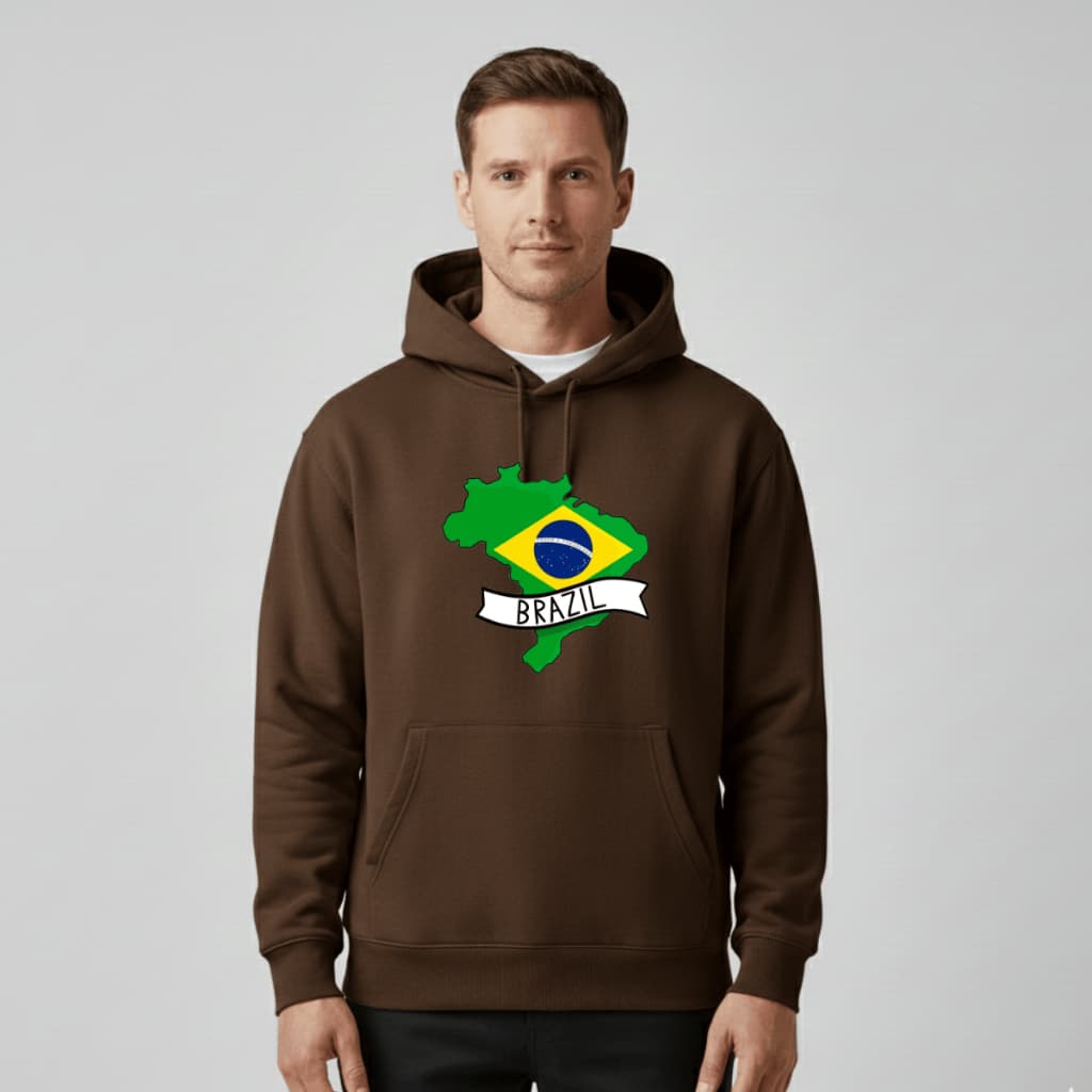 Moletom Canguru Marrom Brazil Mapa Bandeira Estampa Brasil Capuz Bolso Unissex Inverno