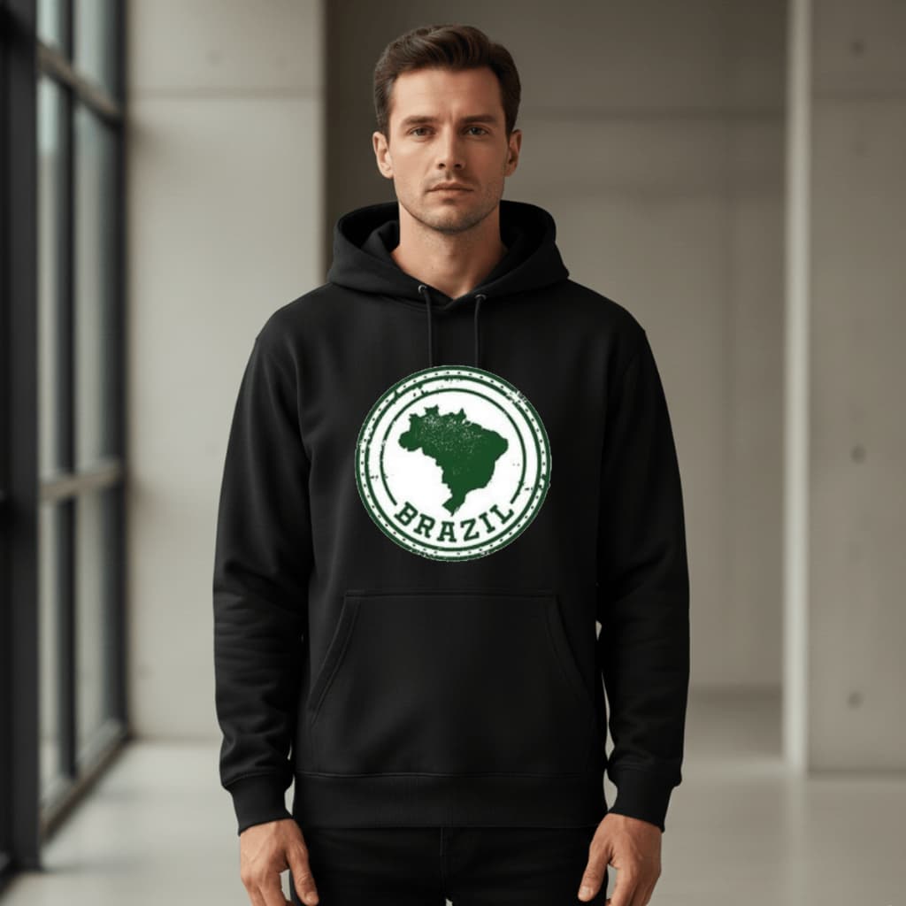 Moletom Canguru Preto Brazil Selo Circular Mapa Brasil Vintage Verde Capuz Bolso Unissex Inverno