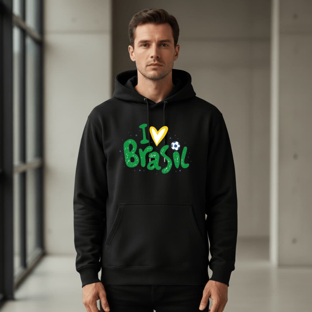 Moletom Canguru Preto I Love Brasil Estampa Coração Futebol Verde Amarelo Capuz Bolso Unissex