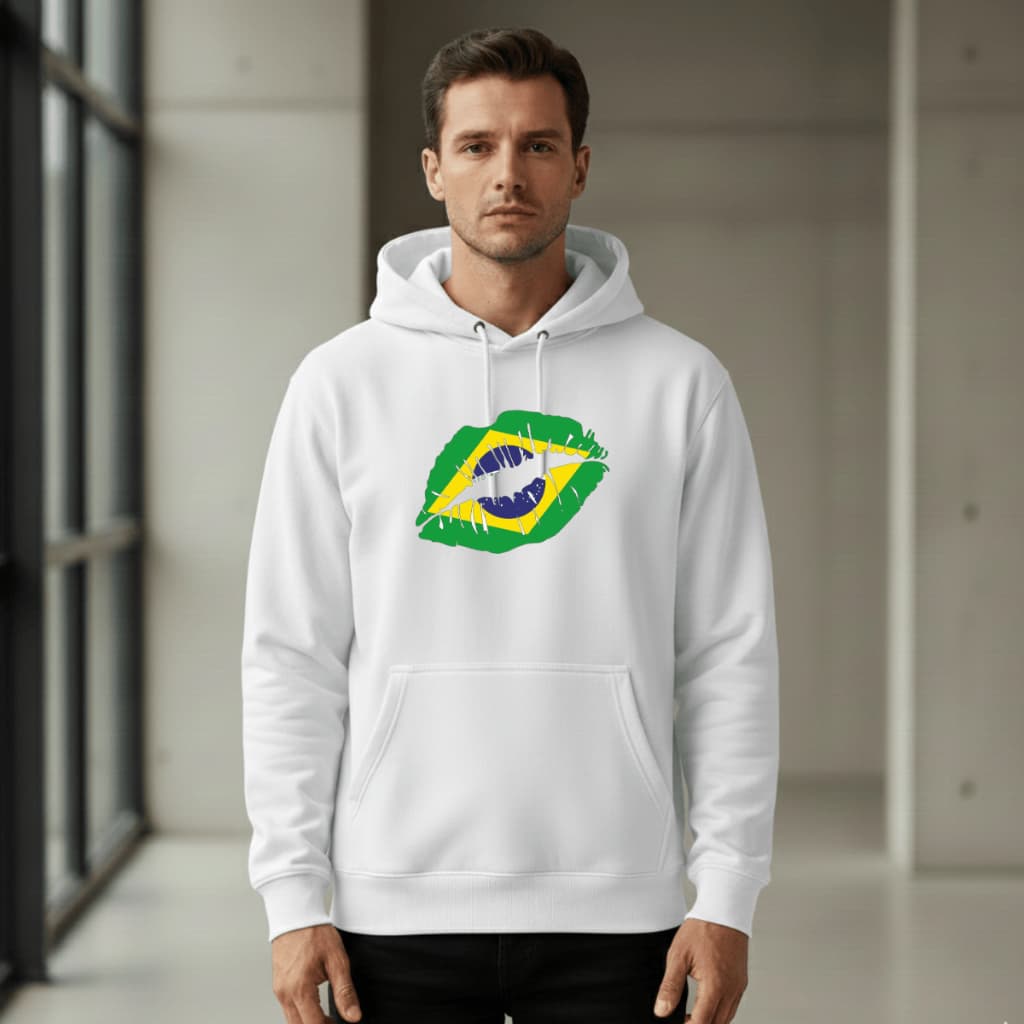 Moletom Canguru Branco Beijo Brasil Bandeira Copa do Mundo 2026 Futebol Verde Amarelo Unissex