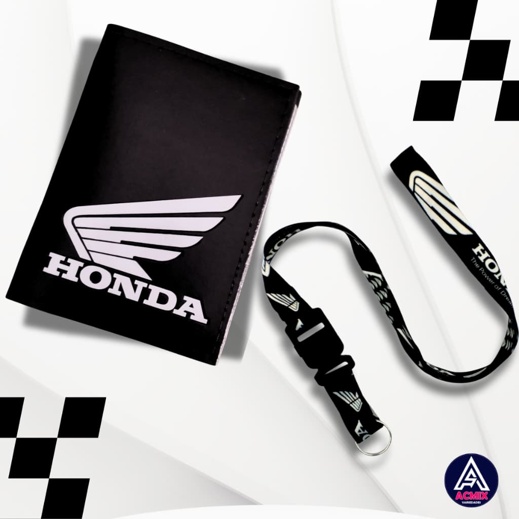 Kit Carteira Porta Documentos Moto Honda Logo Branco + Cordão Pescoço Engate Rápido Honda Preto e Banco