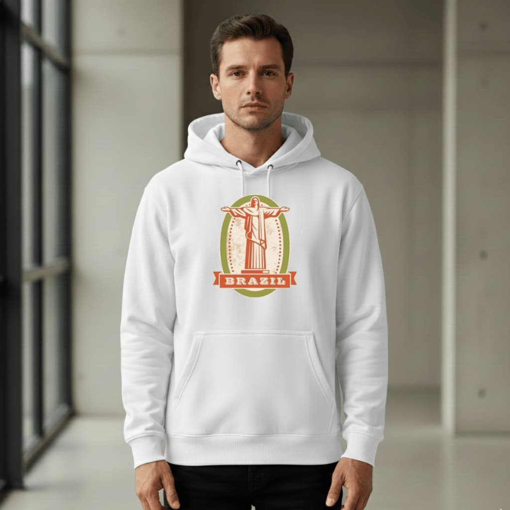 Moletom Canguru Branco Cristo Redentor Brazil Vintage Copa do Mundo 2026 Capuz Bolso Unissex