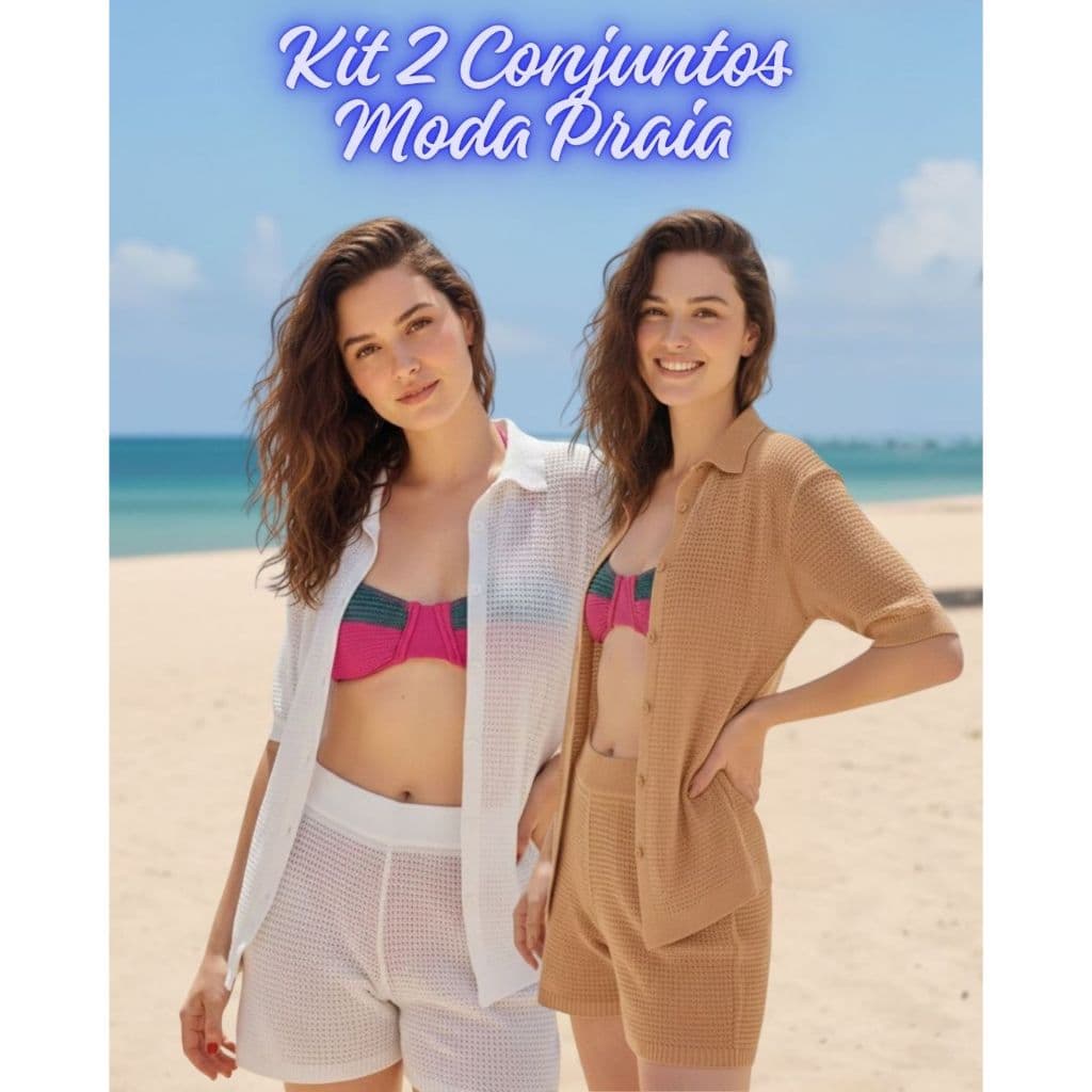 Kit 2 Conjunto Saída de Praia Tricô Feminino Short e Casaco Chamise Tricot Moda Verão