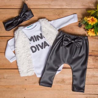 Conjunto Inverno Luxo Kit Mini Diva Colete Pelúcia Faixa Roupa Moda Bebê Menina Roupinha Blogueinha