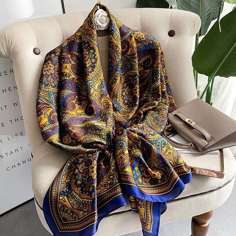 Xale/lenço feminino extra longo em cetim de seda, com acabamento em azul royal, 90x180 cm