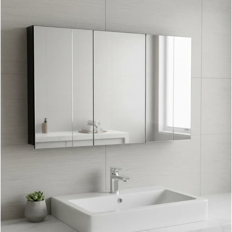 Armário 90cm Aéreo Banheiro Com 3 Portas De Espelho Preto - 100% MDF - MONTADO