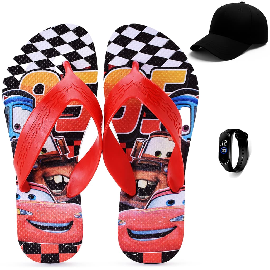 Kit Chinelo Infantil Relâmpago Mcqueen + Boné + Relógio Digital Henry Kids