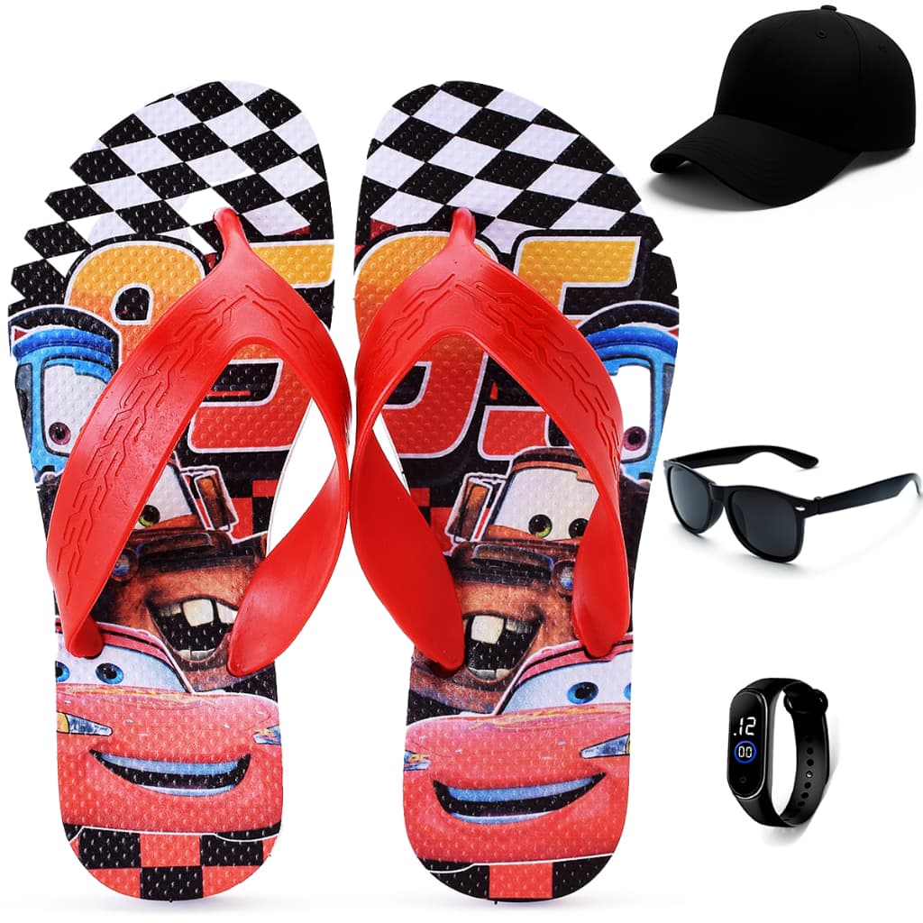 Kit Chinelo Infantil Relâmpago Mcqueen + Boné + Relógio + Óculos Infantil Henry Kids